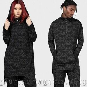 Fantasmagoria Sigil Tribal Print O-Ring Quarter Zip Longline Hoodie Black Unisex